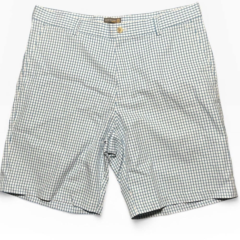 Peter Millar Mens Wicking Performance Golf Shorts Blue White Windowpane Size 34